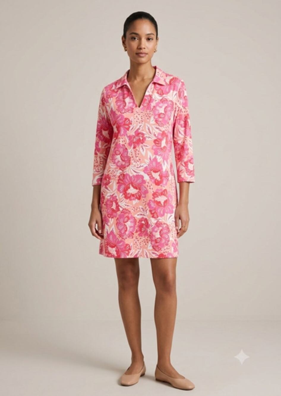 Sigrid Olsen Linen Floral Shift Dress Sz 14 Pink Coral Tropical Summer Resort